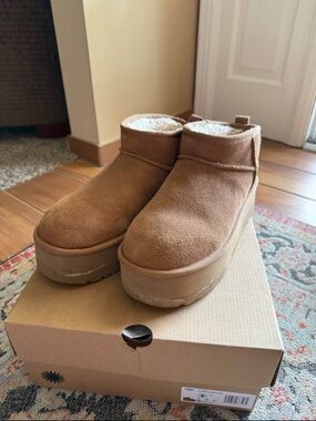 UGG Chestnut Platform Suede Shearling-Lined Mules